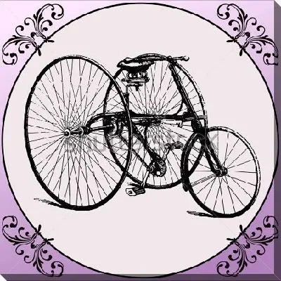 Картина маслом Круглый медальон в стиле арт-деко с винтажным трёхколёсным велосипедом