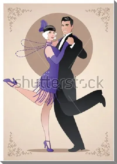 Картина маслом Динамичная иллюстрация танцующей пары в одежде 1920-х годов на фоне круга и цветочного орнамента