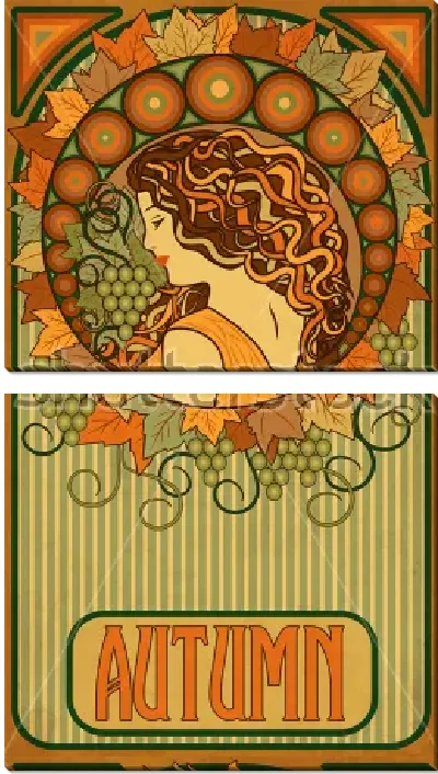 Модульная картина Красивый плакат в стиле арт-деко с девушкой, символизирующей осень, в окружении винограда и кругов