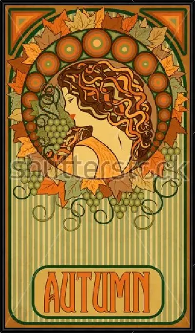 Картина Красивый плакат в стиле арт-деко с девушкой, символизирующей осень, в окружении винограда и кругов