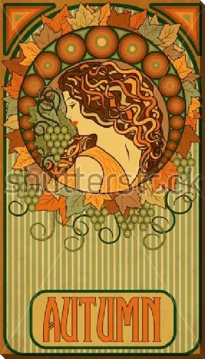 Постер Красивый плакат в стиле арт-деко с девушкой, символизирующей осень, в окружении винограда и кругов