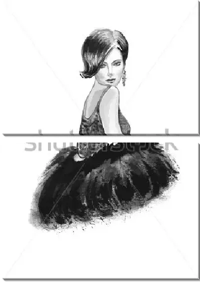 Модульная картина Чёрно-белый портрет красивой девушки в вечернем наряде в стиле арт-деко