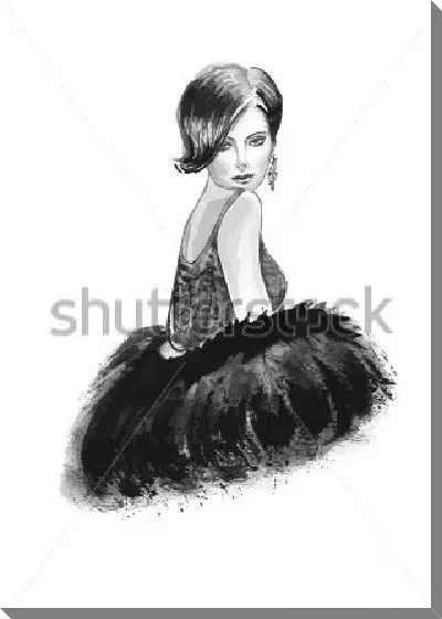 Постер Чёрно-белый портрет красивой девушки в вечернем наряде в стиле арт-деко