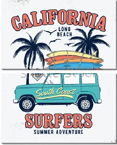 Модульная картина Яркий плакат на тему летнего отдыха с автомобилем, досками для сёрфинга и пальмами