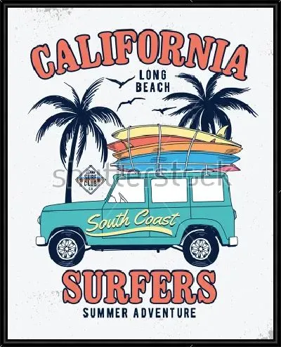 Картина Яркий плакат на тему летнего отдыха с автомобилем, досками для сёрфинга и пальмами