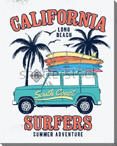 Постер Яркий плакат на тему летнего отдыха с автомобилем, досками для сёрфинга и пальмами
