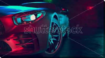 Постер Красивый профиль спортивного автомобиля в ночном неоновом освещении