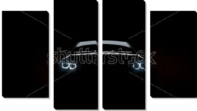 Модульная картина Силуэт чёрного спортивного автомобиля с фарами на чёрном фоне