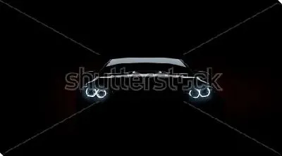 Постер Силуэт чёрного спортивного автомобиля с фарами на чёрном фоне