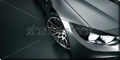 Постер Фрагмент стильного стального автомобиля с включёнными фарами на сером фоне
