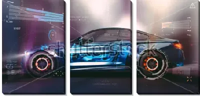 Модульная картина Футуристический концепт автомобиля с датчиками и различными опциями