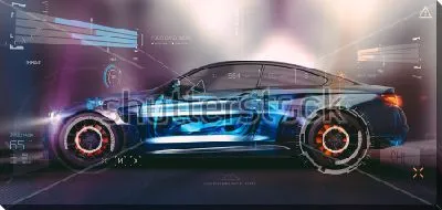 Постер Футуристический концепт автомобиля с датчиками и различными опциями