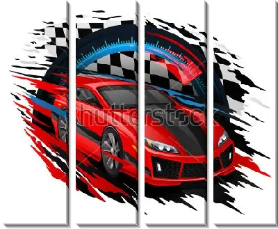 Модульная картина Яркая иллюстрация с гоночным автомобилем на фоне спидометра и полос высокой скорости