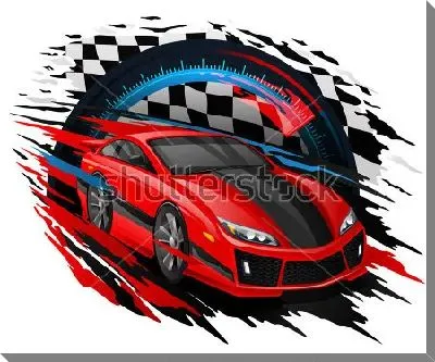 Постер Яркая иллюстрация с гоночным автомобилем на фоне спидометра и полос высокой скорости