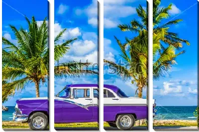 Модульная картина Красивый американский автомобиль фиолетового цвета на фоне пальм и морского побережья