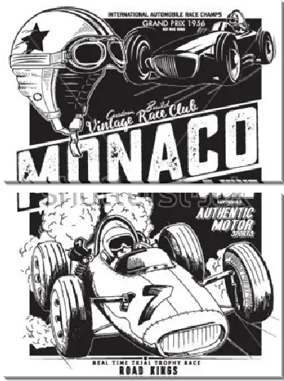 Модульная картина Чёрно-белый плакат на тему спортивных гонок в Монако