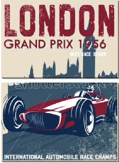Модульная картина Винтажный плакат-анонс гонок в Лондоне 1956 года с гоночным автомобилем на фоне силуэта Биг-Бена