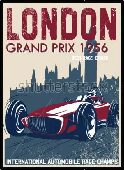Картина Винтажный плакат-анонс гонок в Лондоне 1956 года с гоночным автомобилем на фоне силуэта Биг-Бена
