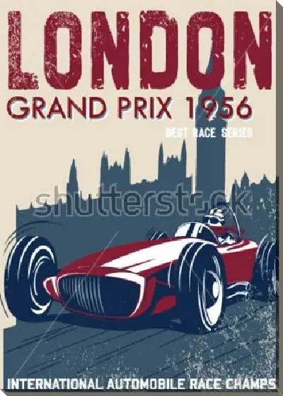 Постер Винтажный плакат-анонс гонок в Лондоне 1956 года с гоночным автомобилем на фоне силуэта Биг-Бена