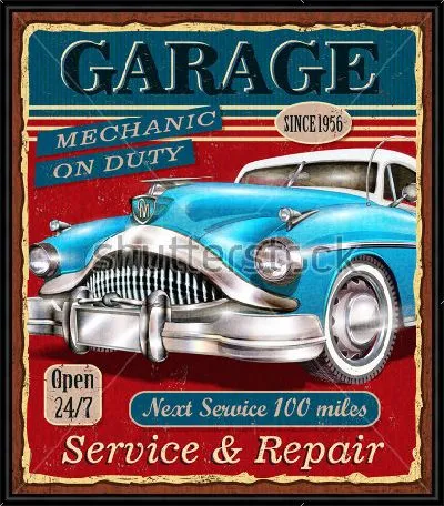 Рекламный плакат автосервиса в винтажном стиле с роскошным голубым ретро автомобилем на красном фоне