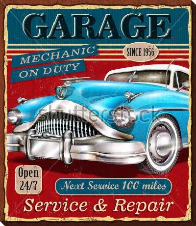 Рекламный плакат автосервиса в винтажном стиле с роскошным голубым ретро автомобилем на красном фоне