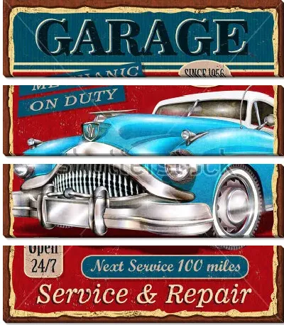 Рекламный плакат автосервиса в винтажном стиле с роскошным голубым ретро автомобилем на красном фоне