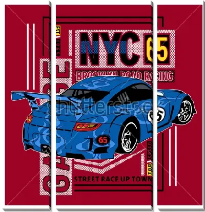 Модульная картина Яркий плакат с синим гоночным автомобилем на красном фоне с надписями