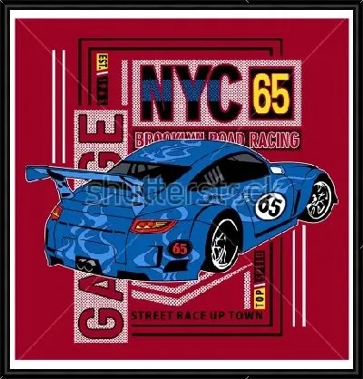 Картина Яркий плакат с синим гоночным автомобилем на красном фоне с надписями