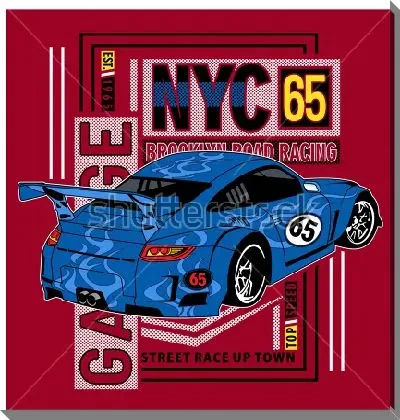 Постер Яркий плакат с синим гоночным автомобилем на красном фоне с надписями