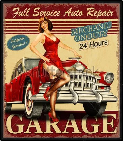 Яркий рекламный плакат автосервиса в винтажном стиле - с привлекательной девушкой в красном платье на фоне роскошного красного автомобиля