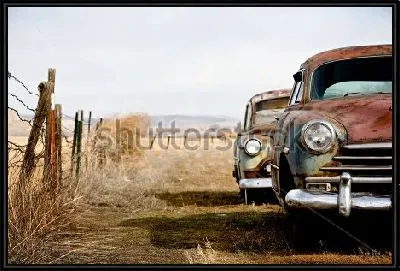 Картина Пейзаж с заброшенными ржавыми ретро автомобилями в степи
