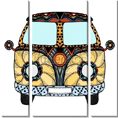 Модульная картина Яркая иллюстрация с разрисованным автомобилем в стиле хиппи