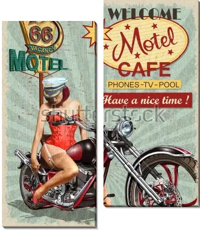 Модульная картина Яркий рекламный плакат отеля в винтажном стиле - с девушкой на мотоцикле и красочными слоганами