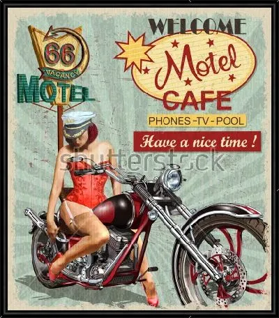 Яркий рекламный плакат отеля в винтажном стиле - с девушкой на мотоцикле и красочными слоганами
