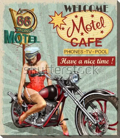 Яркий рекламный плакат отеля в винтажном стиле - с девушкой на мотоцикле и красочными слоганами