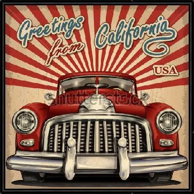 Яркая винтажная туристическая открытка с ретро автомобилем на фоне расходящихся лучей