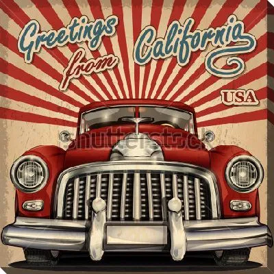 Яркая винтажная туристическая открытка с ретро автомобилем на фоне расходящихся лучей