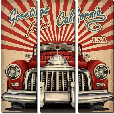 Яркая винтажная туристическая открытка с ретро автомобилем на фоне расходящихся лучей