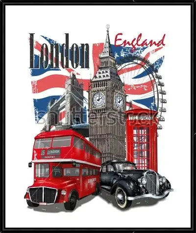 Картина Яркий плакат с достопримечательностями Лондона, красным двухэтажным автобусом и чёрным кэбом