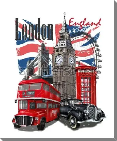 Постер Яркий плакат с достопримечательностями Лондона, красным двухэтажным автобусом и чёрным кэбом
