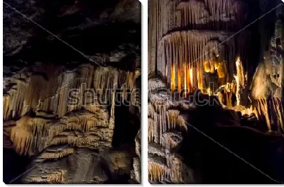 Модульная картина Величественный и роскошный интерьер со сталактитами и сталагмитами с красивой подсветкой в Пещере Постойна (Словения)