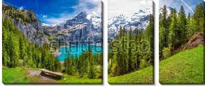 Модульная картина Удивительный пейзаж с хвойными лесами, озером  и заснеженными горами в Швейцарских  Альпах