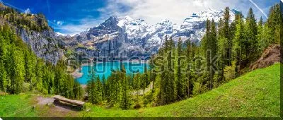 Постер Удивительный пейзаж с хвойными лесами, озером  и заснеженными горами в Швейцарских  Альпах