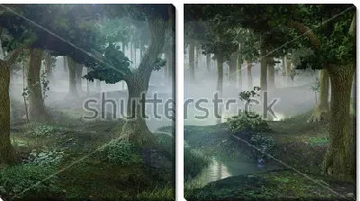 Модульная картина Туманный фантастический лес с прудами