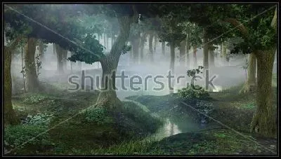 Картина Туманный фантастический лес с прудами