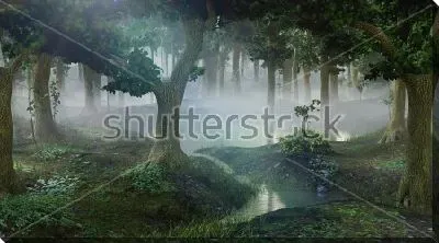 Постер Туманный фантастический лес с прудами