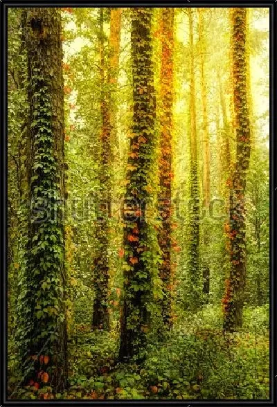 Картина Освещённый утренним солнцем волшебный лес с деревьями, обвитыми диким плющом 