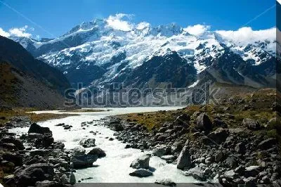 Картина маслом Прекрасный вид на замёрзшую горную реку и ледник в Национальном парке Маунт-Кук на Южном острове Новой Зеландии