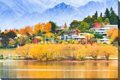 Картина маслом Красивый осенний пейзаж с видом на голубые горы и пёстрые деревья со стороны озера Ванака (Новая Зеландия)