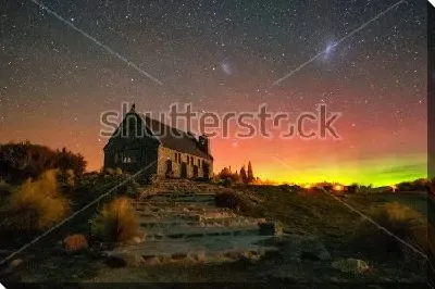 Картина маслом Прекрасное звёздное небо и южное сияние над Церковью Доброго Пастыря на берегу озера Текапо в Новой Зеландии